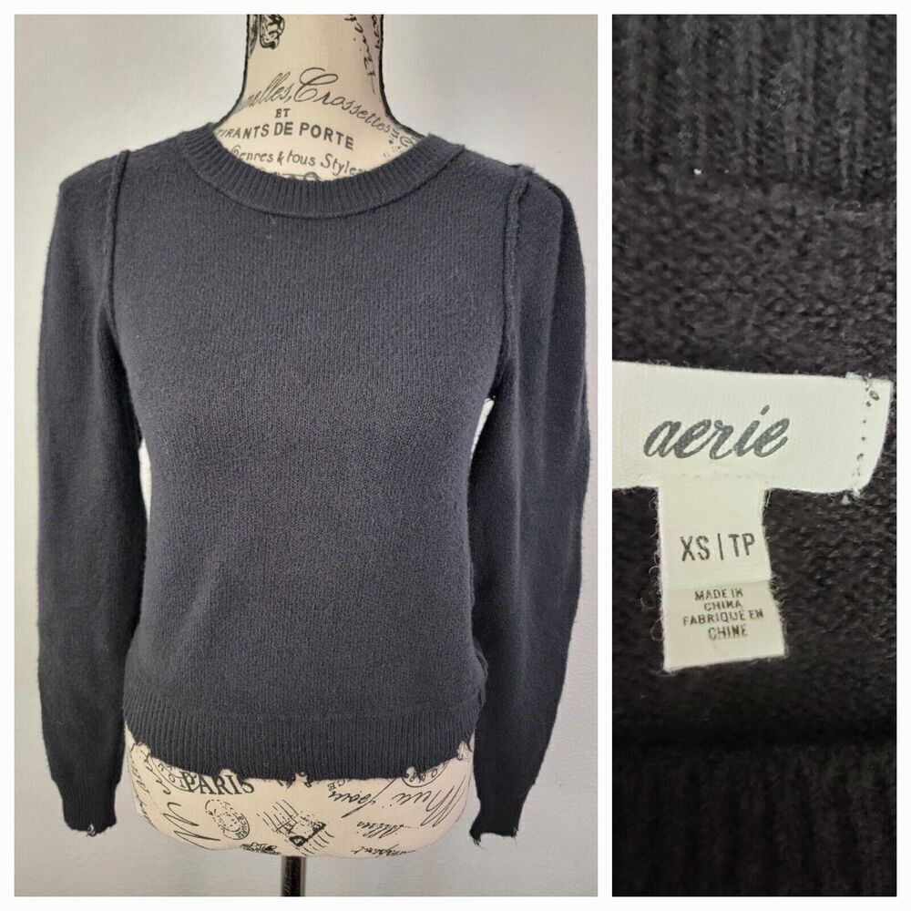 Aerie Crop Sweatshirt Sz XS Distressed Fitted Pulllover Puff Long Sleeves Black